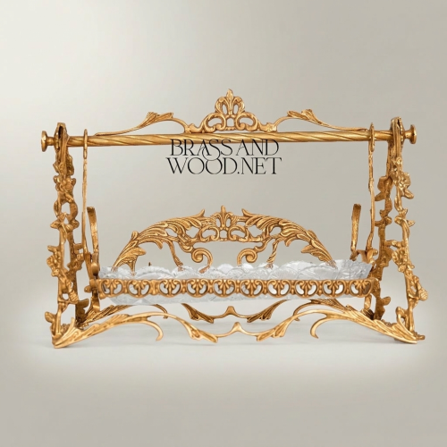 Rococo Brass Swing-Frame Decorative Stand with Crystal Tray - Openwork Acanthus & Floral Arch