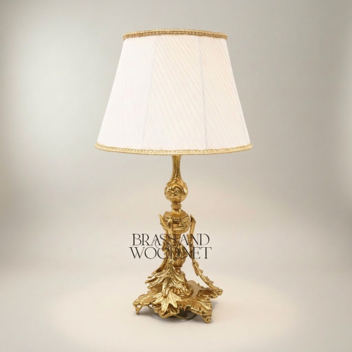 Rococo Handcrafted Brass Table Lamp Ornate Acanthus Leaf Sculptural Base White Fabric Shade Brass and Wood Gold Front | Brass & Wood