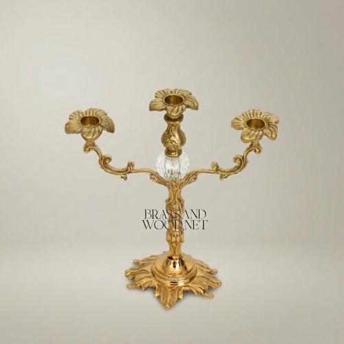 Rococo Brass Three-Arm Candelabra with Crystal Orb & Acanthus Scrollwork