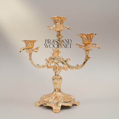 Rococo Brass Three-Arm Candelabra with Floral Scroll Base