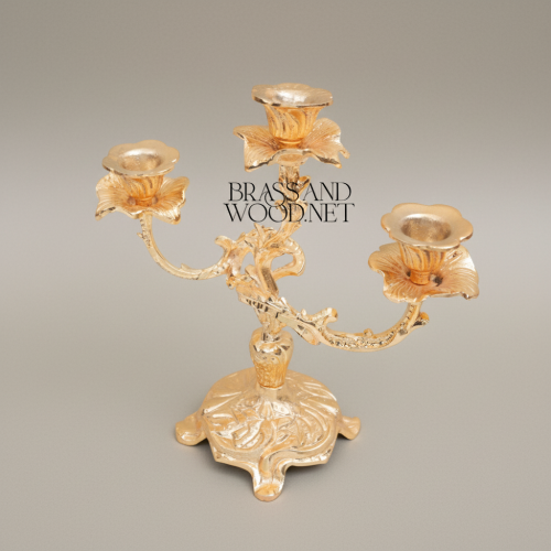 Rococo Brass Three-Arm Candelabra with Floral Scroll Base