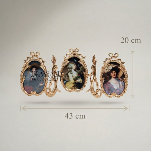 Rococo Brass Triple Oval Photo Frame Set - Ribbon & Acanthus Scroll