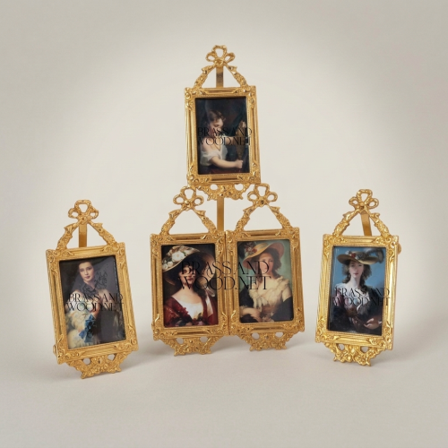 Rococo Brass Triple Photo Frame Set Bow Acanthus Filigree Tiered Easel Stand Brass and Wood Gold Front | Brass & Wood