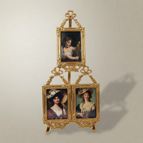 Rococo Brass Triple Photo Frame Set Bow Acanthus Filigree Tiered Easel Stand Brass and Wood Gold Front | Brass & Wood