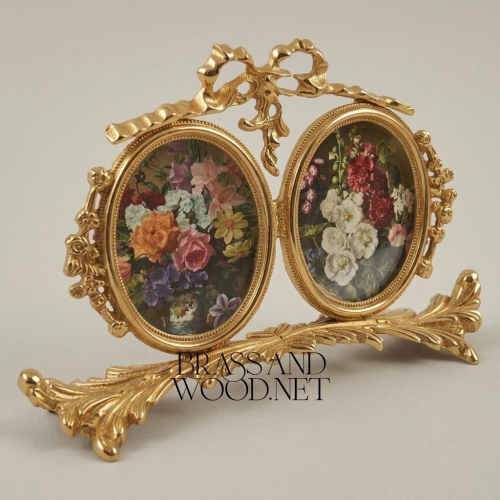 Rococo Brass Twin Oval Photo Frame Set with Ribbon Bow & Acanthus Base