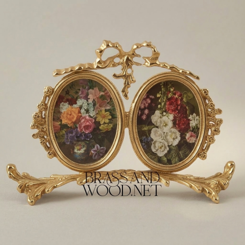 Rococo Brass Twin Oval Photo Frame Set with Ribbon Bow & Acanthus Base