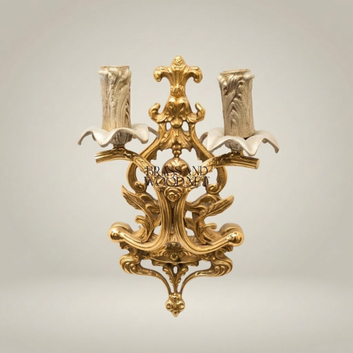 Rococo Two-Arm Brass Wall Sconce Acanthus Rose Carved Luxury Classic European Gold Front | Brass & Wood