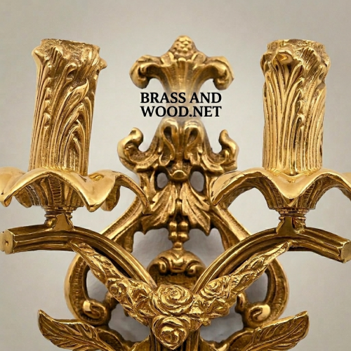 Rococo Two-Arm Brass Wall Sconce Acanthus Rose Carved Luxury Classic European Gold Front | Brass & Wood