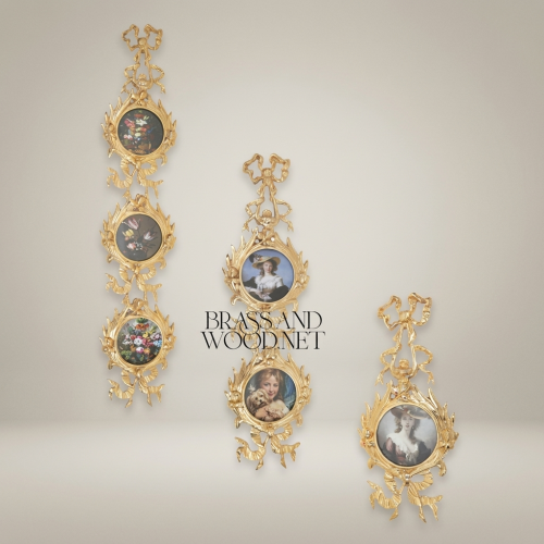 Rococo Brass Vertical Multi-Frame Wall Panel with Foliate Scrollwork & Ribbon Crest