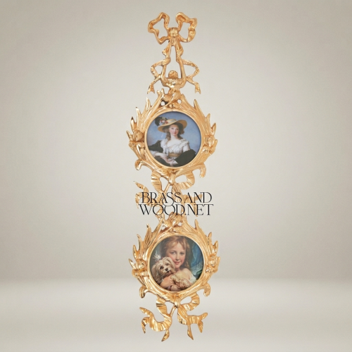 Rococo Brass Vertical Wall Frame - Dual Oval Portrait with Bow & Acanthus Cascade