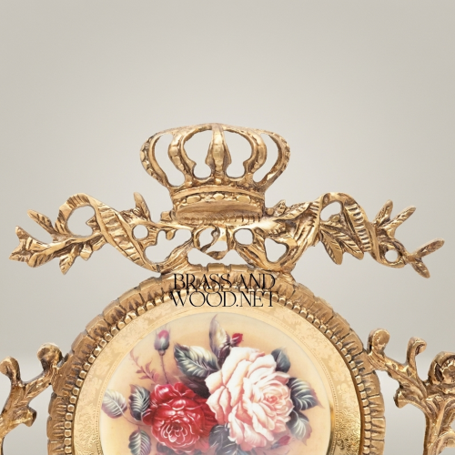 Rococo Brass Wall Cartouche Hand-Painted Floral Medallion Crown Crest Brass and Wood Gold Front | Brass & Wood