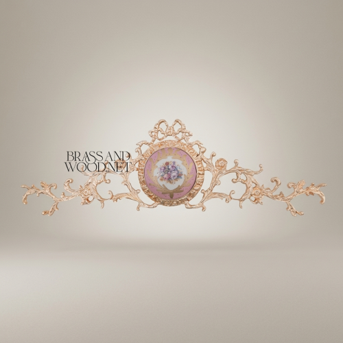 Rococo Brass Wall Cartouche with Hand-Painted Floral Ceramic Medallion Acanthus Scrolls Brass and Wood Gold Front | Brass & Wood