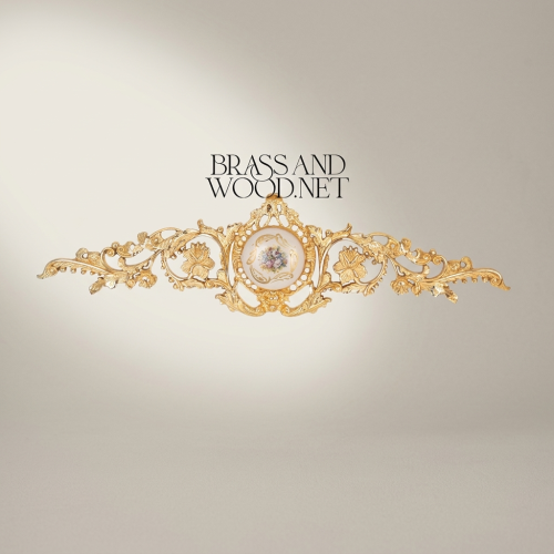 Rococo Brass Wall Cartouche with Porcelain Floral Medallion & Acanthus Scrollwork