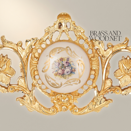 Rococo Brass Wall Cartouche with Porcelain Floral Medallion & Acanthus Scrollwork
