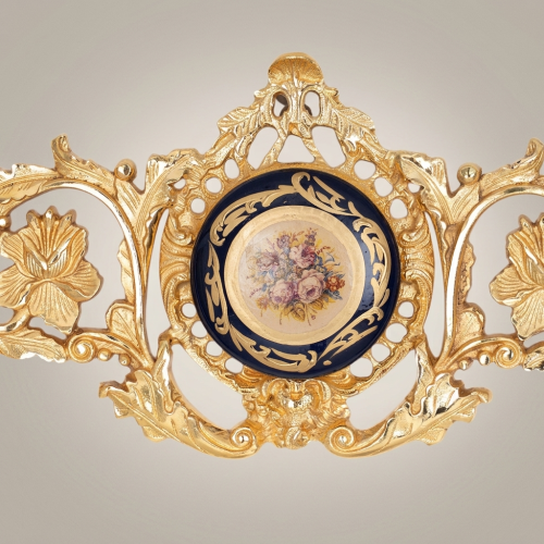 Rococo Brass Wall Cartouche with Sèvres-Style Porcelain Medallion and Acanthus Scrollwork