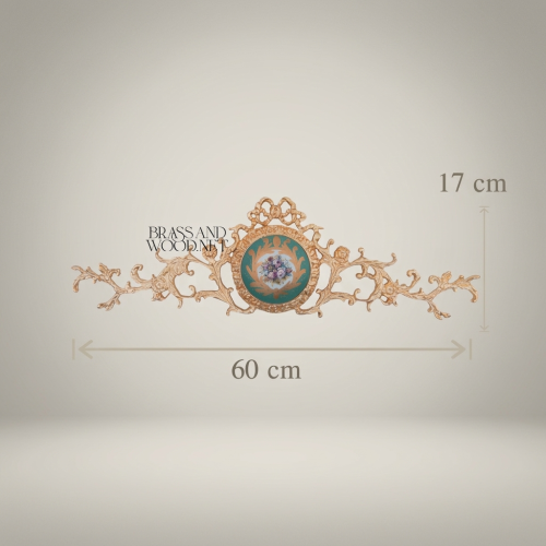 Rococo Brass Wall Cartouche with Turquoise Floral Ceramic Medallion and Acanthus Scrollwork Gold Front | Brass & Wood