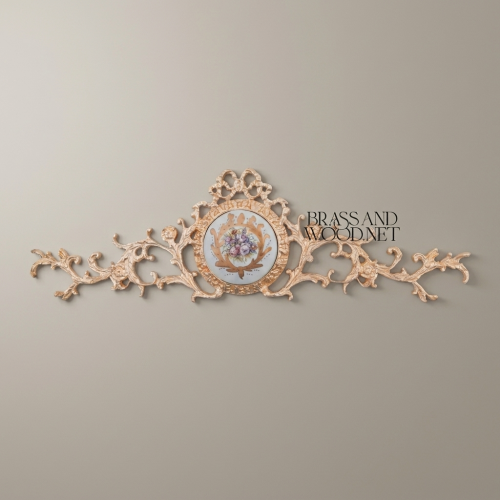 Rococo Brass Wall Crown Ornament with Hand-Painted Floral Ceramic Medallion Acanthus Scrolls – Brass & Wood Gold Front | Brass & Wood