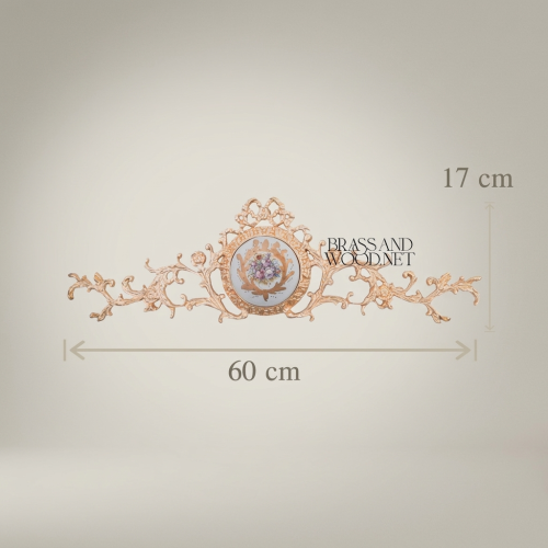 Rococo Brass Wall Crown Ornament with Hand-Painted Floral Ceramic Medallion Acanthus Scrolls – Brass & Wood Gold Front | Brass & Wood