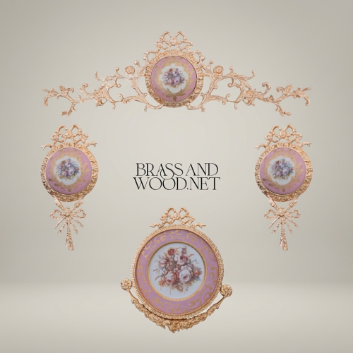 Rococo Brass Wall Crown with Hand-Painted Porcelain Medallion — Scrolling Floral Cresting