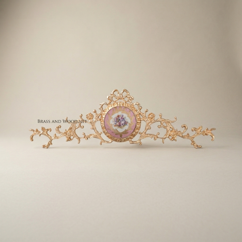Rococo Brass Wall Crown with Hand-Painted Porcelain Medallion — Scrolling Floral Cresting