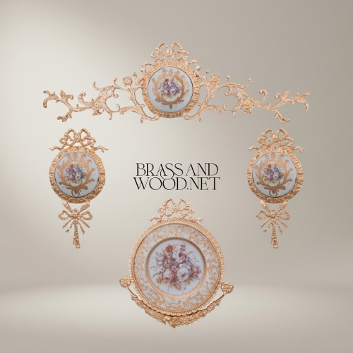 Heavily Ornate Rococo Brass Wall Medallion Frame with Floral Porcelain Centre and Bow Cartouche Gold Front | Brass & Wood