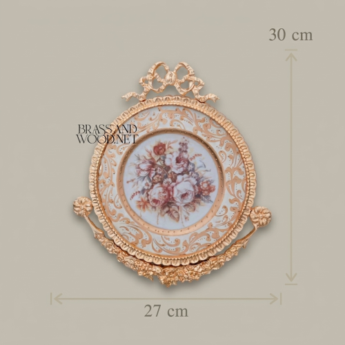 Heavily Ornate Rococo Brass Wall Medallion Frame with Floral Porcelain Centre and Bow Cartouche Gold Front | Brass & Wood