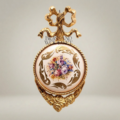 Rococo Brass Wall Medallion Hand-Painted Floral Ceramic Centre Ornate Ribbon Crest Gold Front | Brass & Wood
