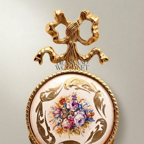 Rococo Brass Wall Medallion Hand-Painted Floral Ceramic Centre Ornate Ribbon Crest Gold Front | Brass & Wood