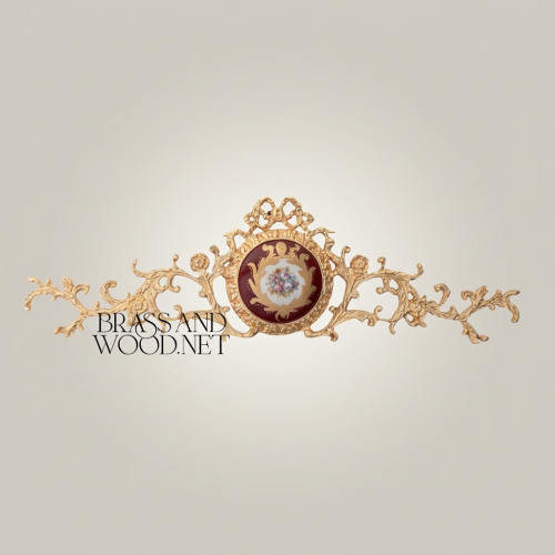 Rococo Brass Wall Medallion Hand-Painted Porcelain Floral Centre Ribbon Crown Brass and Wood Gold Front | Brass & Wood