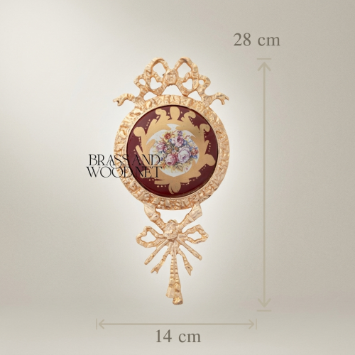 Rococo Brass Wall Medallion Hand-Painted Porcelain Floral Centre Ribbon Crown Brass and Wood Gold Front | Brass & Wood
