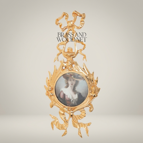 Rococo Handcrafted Brass Wall Medallion Portrait Miniature Lyre Ribbon Acanthus Ornate Frame Brass and Wood Gold Front | Brass & Wood
