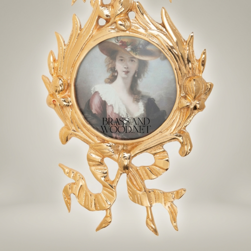 Rococo Handcrafted Brass Wall Medallion Portrait Miniature Lyre Ribbon Acanthus Ornate Frame Brass and Wood Gold Front | Brass & Wood