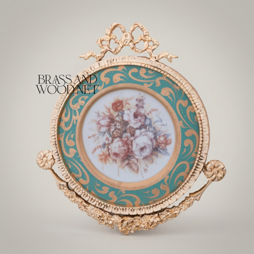 Rococo Handcrafted Brass Wall Medallion Set with Teal Porcelain Floral Centre Ribbon Acanthus Ornament — Brass & Wood Gold Front | Brass & Wood