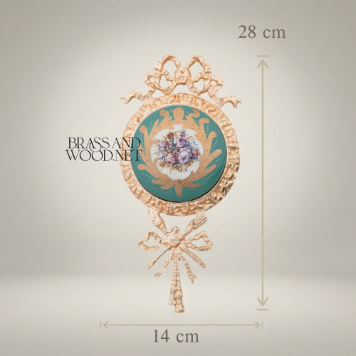 Rococo Handcrafted Brass Wall Medallion Set with Teal Porcelain Floral Centre Ribbon Acanthus Ornament — Brass & Wood Gold Front | Brass & Wood