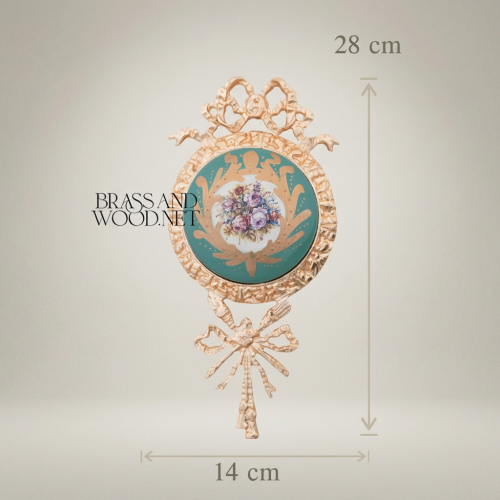 Rococo Brass Wall Medallion Turquoise Floral Ceramic Centre Ribbon Acanthus Frame Brass and Wood Gold Front | Brass & Wood