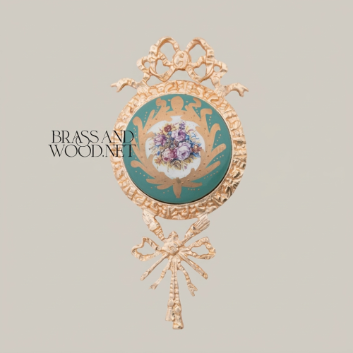 Rococo Brass Wall Medallion Turquoise Floral Ceramic Centre Ribbon Acanthus Frame Brass and Wood Gold Front | Brass & Wood