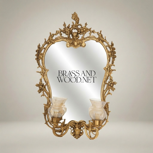 Rococo Brass Wall Mirror with Twin Candle Sconces Cherub Crest Ornate Floral Frame Brass and Wood Gold Front | Brass & Wood