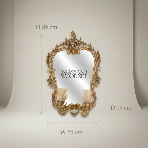 Rococo Brass Wall Mirror with Twin Candle Sconces Cherub Crest Ornate Floral Frame Brass and Wood Gold Front | Brass & Wood