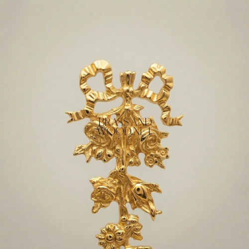 Rococo Brass Wall Ornament Cascading Floral Bouquet with Ribbon Bow - Brass & Wood Gold Front | Brass & Wood