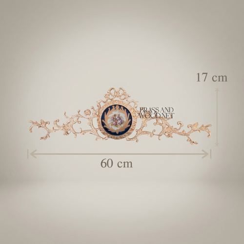 Rococo Brass Wall Ornament Horizontal Scroll with Navy Blue Floral Ceramic Medallion Gold Front | Brass & Wood