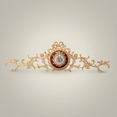 Rococo Brass Wall Pediment with Wine Porcelain Floral Medallion and Acanthus Scroll Cresting — Brass and Wood Gold Front | Brass & Wood