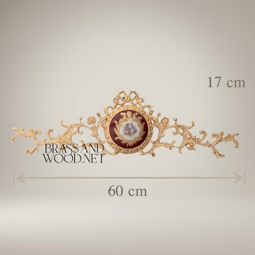 Rococo Brass Wall Pediment with Wine Porcelain Floral Medallion and Acanthus Scroll Cresting — Brass and Wood Gold Front | Brass & Wood