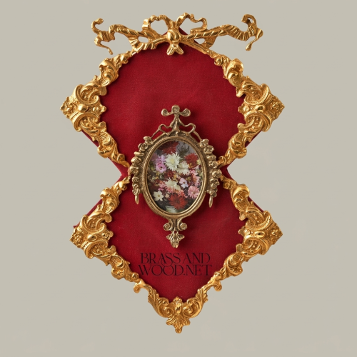 Rococo Brass Wall Plaque with Oval Floral Medallion & Crimson Velvet Panel
