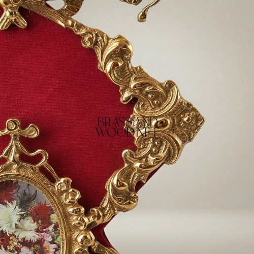 Rococo Brass Wall Plaque with Oval Floral Medallion & Crimson Velvet Panel