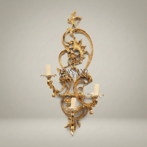 Rococo Hand-Carved Brass 3-Arm Wall Sconce Acanthus Sunflower Scrollwork Brass and Wood Gold Front | Brass & Wood