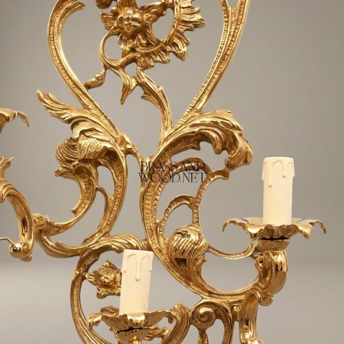 Rococo Hand-Carved Brass 3-Arm Wall Sconce Acanthus Sunflower Scrollwork Brass and Wood Gold Front | Brass & Wood