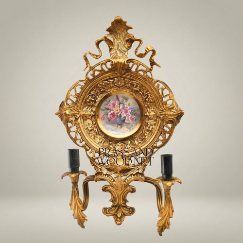 Rococo Brass Wall Sconce Hand-Painted Porcelain Floral Medallion Twin Candle Arms Brass and Wood Gold Front | Brass & Wood