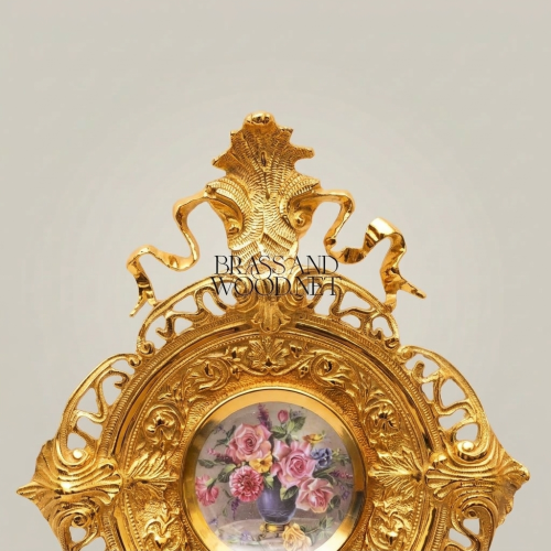 Rococo Brass Wall Sconce Hand-Painted Porcelain Floral Medallion Twin Candle Arms Brass and Wood Gold Front | Brass & Wood