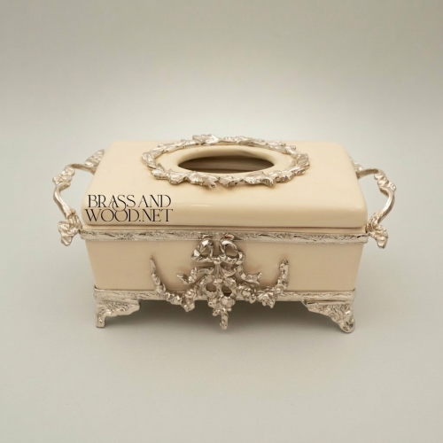 Rococo Brass & Wood Tissue Box Holder with Floral Cartouche Mounts