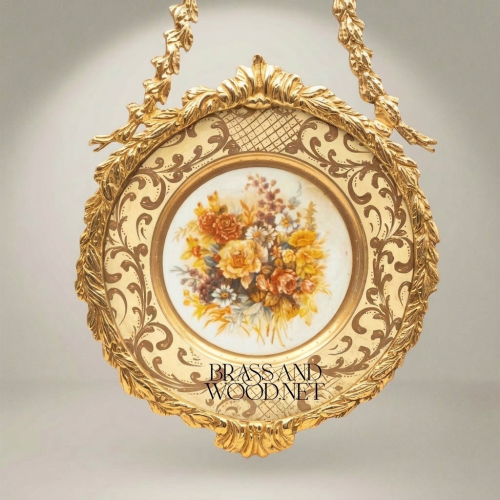 Rococo Cast Brass Hanging Decorative Plate Floral Ceramic Insert Acanthus Scrollwork Frame Brass and Wood Gold Front | Brass & Wood
